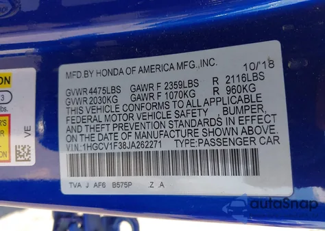 2018 Honda Accord Sport из США, поврежденный, VIN 1HGCV1F38JA262271